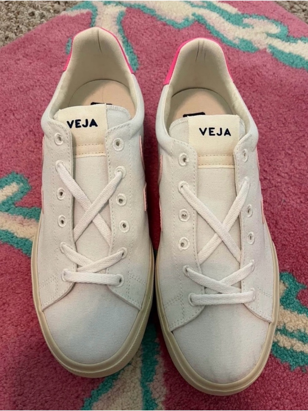 Veja White Canvas Sneakers with Pink Heel Tab